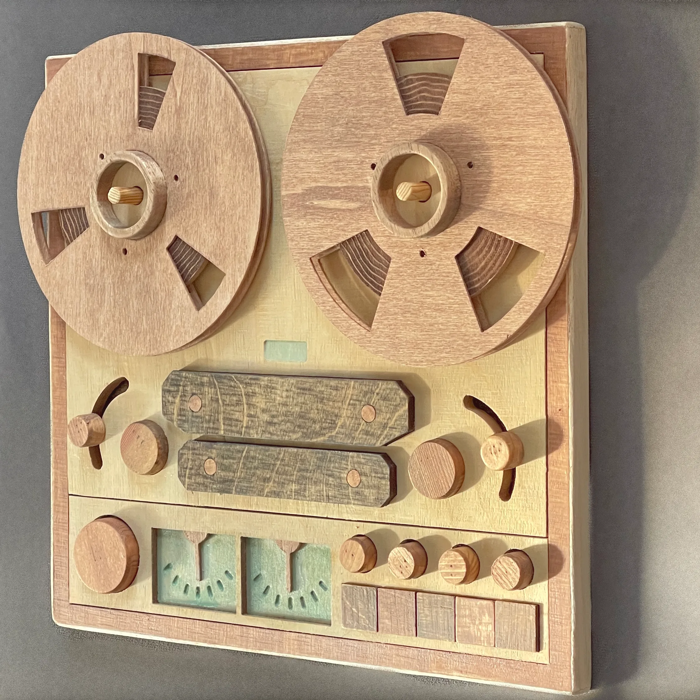 Handmade Wooden Retro Reel To Reel Player Wall Art – Earthy Analog Tabletop & Office Decor