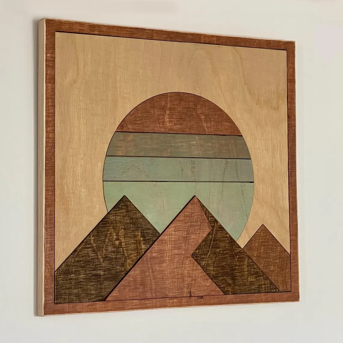 Wooden Outrun Synthwave Vaporwave Sun and Mountain Wall art