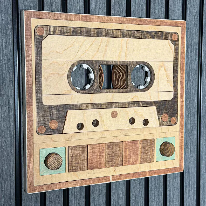 Handmade Wooden Retro Cassette Player Wall Art – Earthy Analog Tabletop & Office Decor